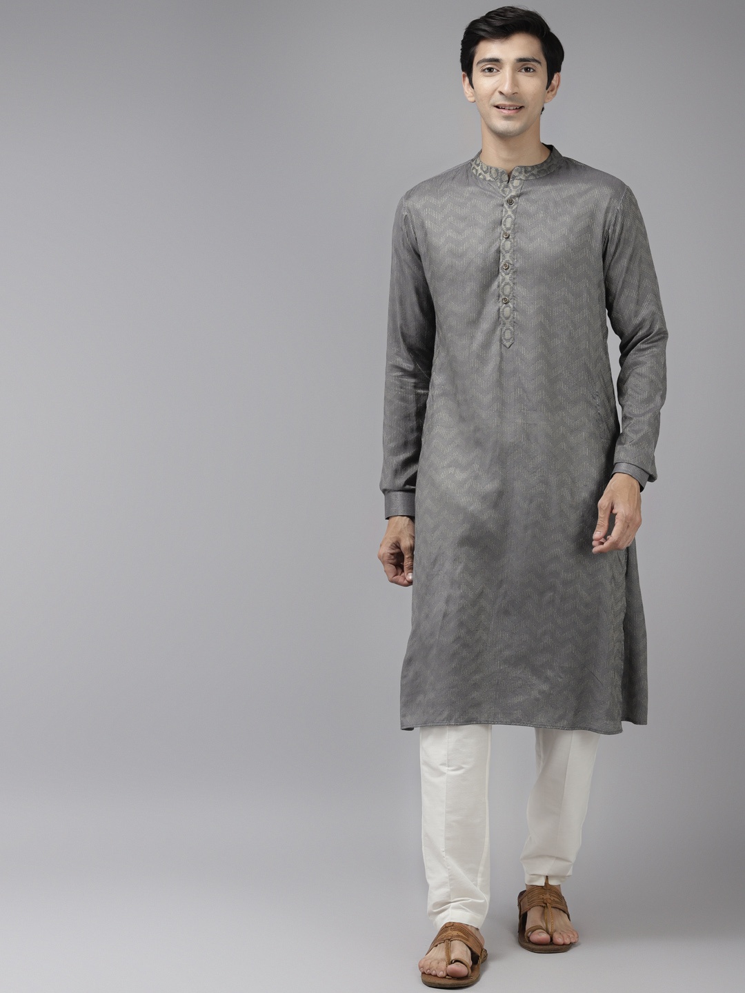 

See Designs Men Grey Thread Work Kurta with Trousers