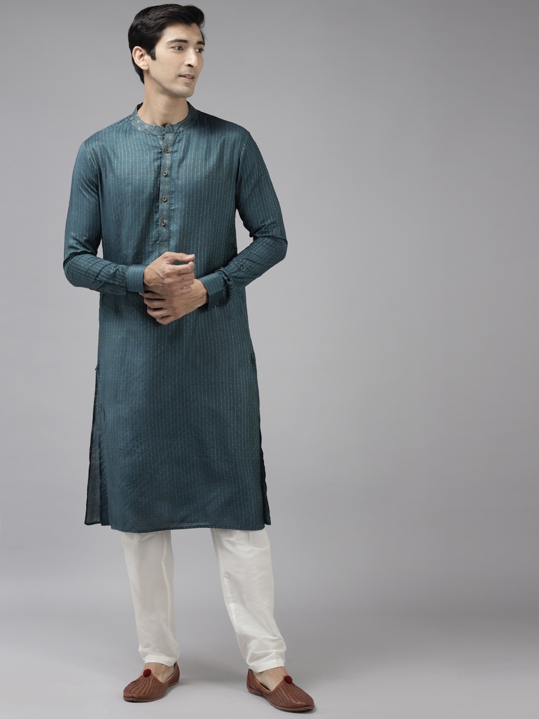 

See Designs Men Teal Striped Thread Work Kurta with Trousers