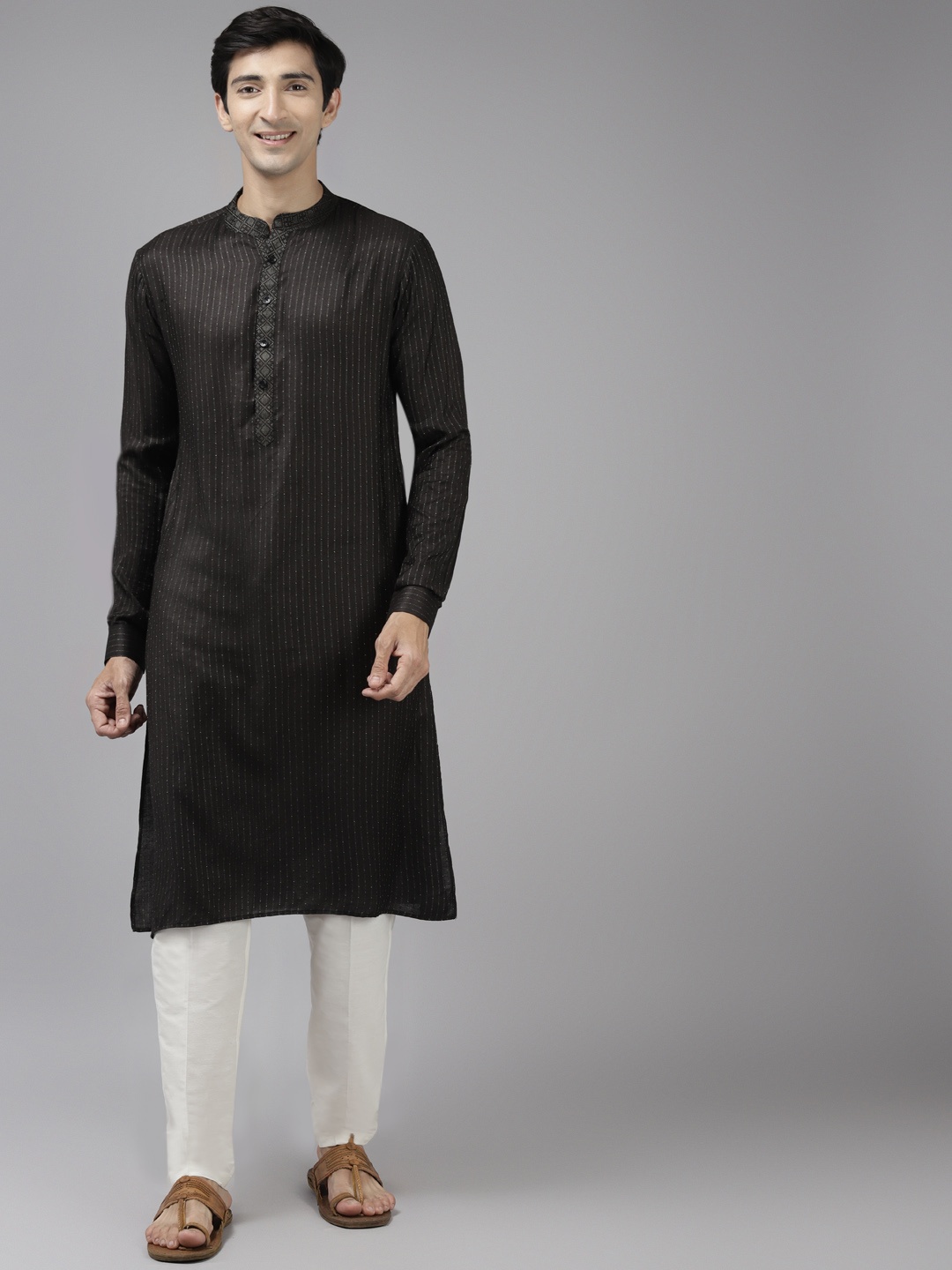 

See Designs Men Black Thread Work Kurta with Trousers