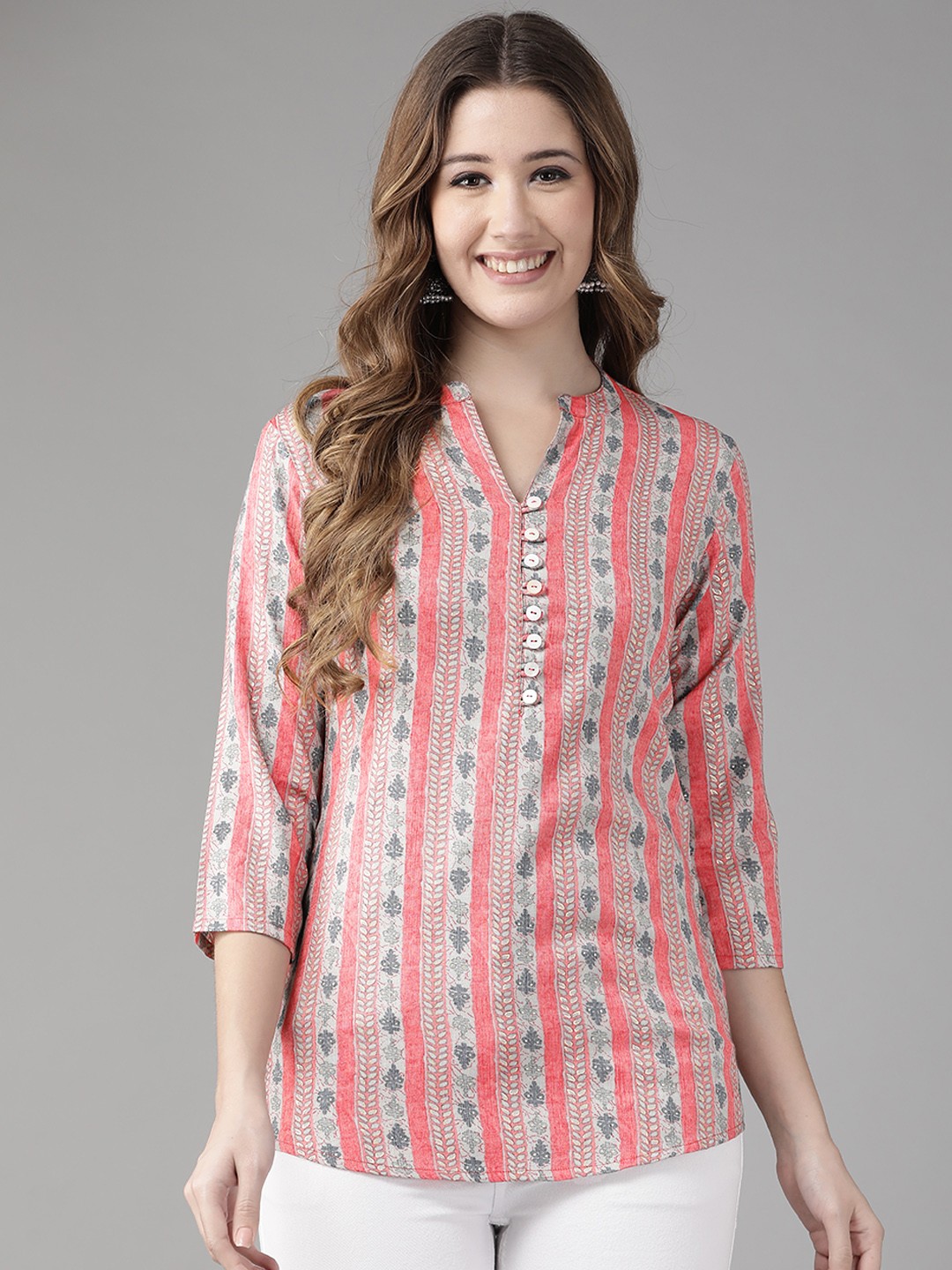 

Yufta Peach-Coloured & Grey Print Mandarin Collar Top