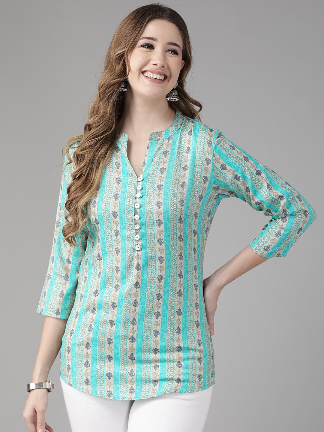 

Yufta Turquoise Blue & Beige Print Mandarin Collar Top