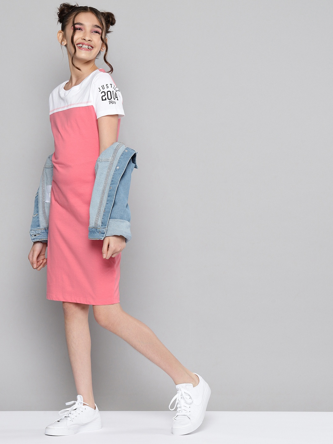 

JUSTICE Girls Pink & White Colourblocked Pure Cotton T-shirt Dress