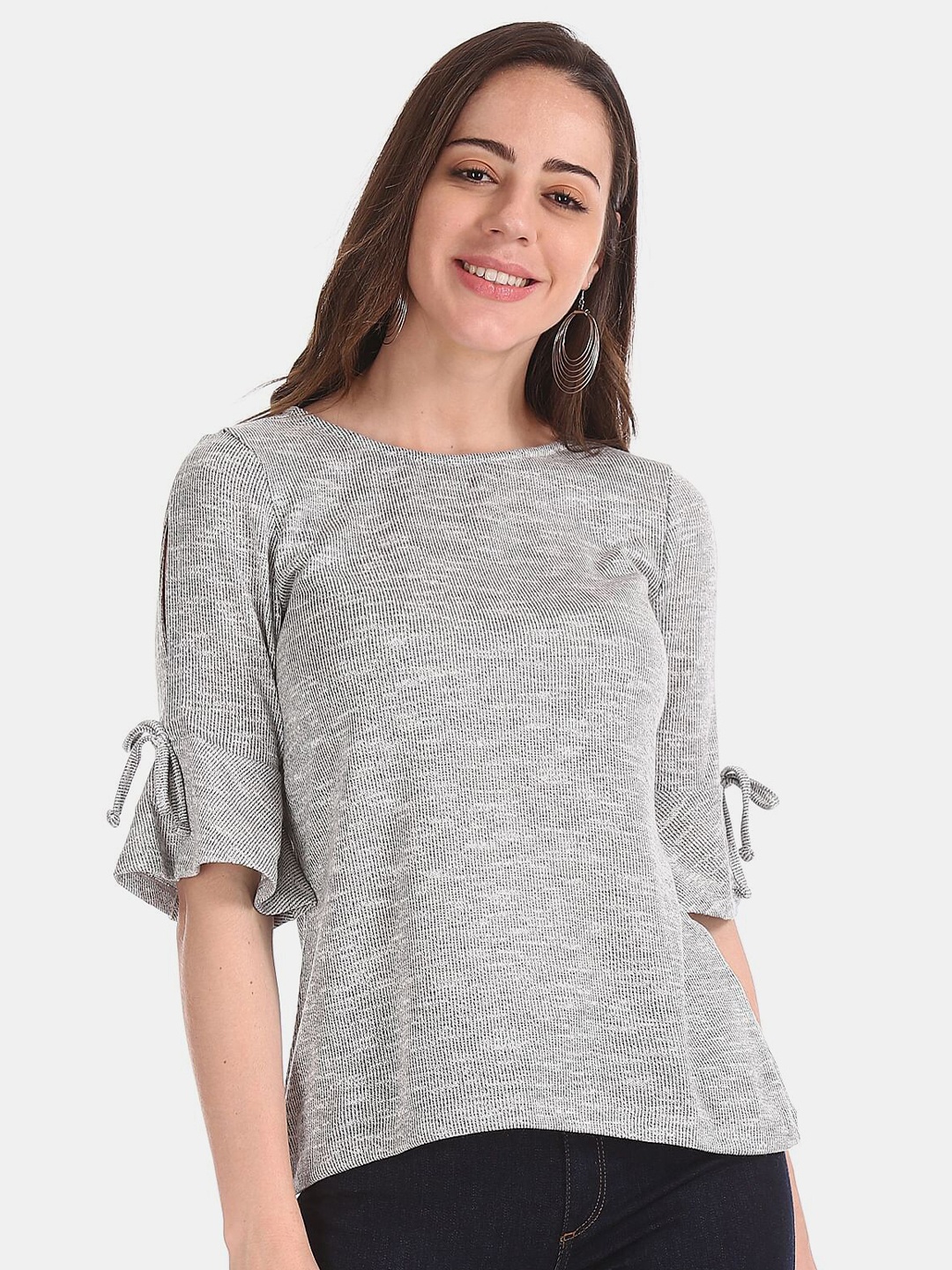 

Cherokee Grey Bell Sleeve Patterned Top