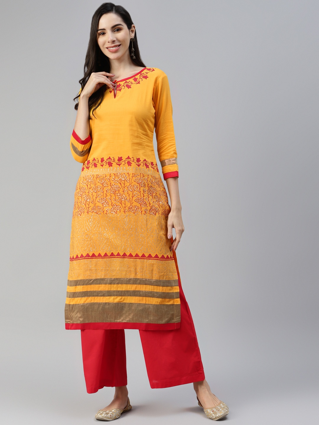 

MBE Women Mustard Yellow Floral Colourblocked Pure Cotton Kurta with Palazzos