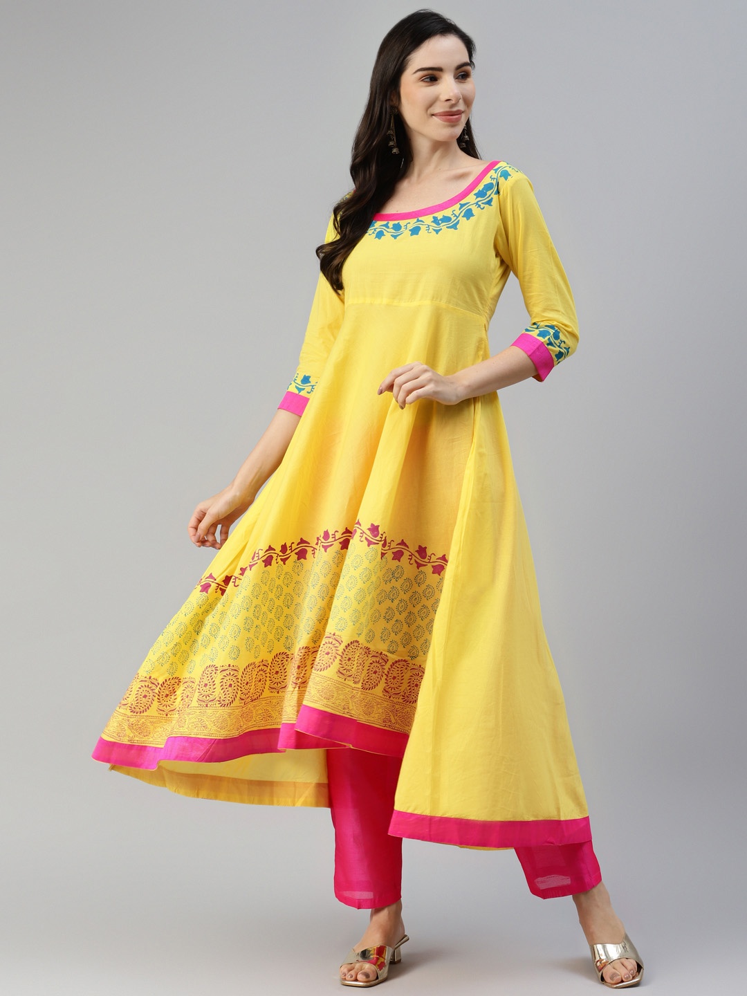 

MBE Women Yellow Ethnic Motifs Printed Pure Cotton Kurta with Trousers