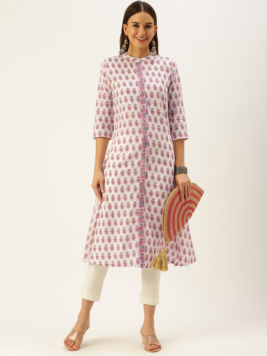 

Saanjh Women White & Maroon Ethnic Motifs Printed Cotton A-Line Kurta