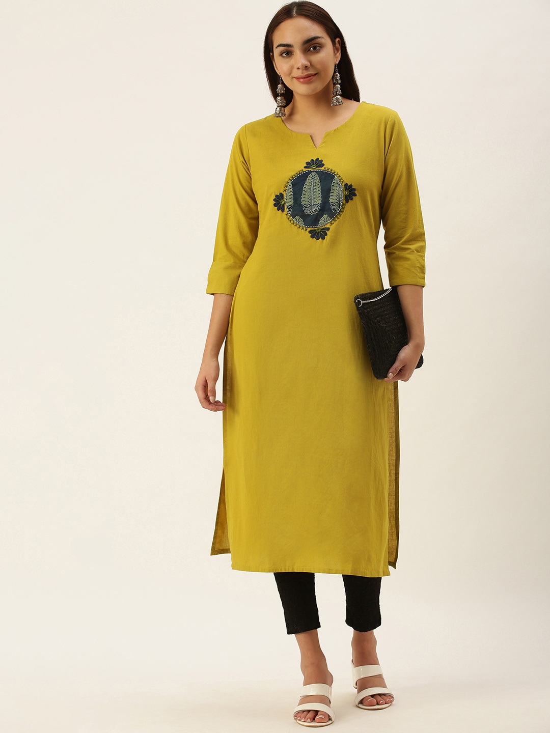 

Saanjh Women Mustard Yellow & Navy Blue Ethnic Motifs Print Detail Cotton Straight Kurta