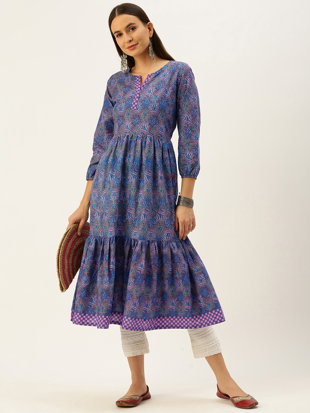 

Saanjh Women Blue & White Ethnic Motifs Printed Tiered Cotton A-Line Kurta