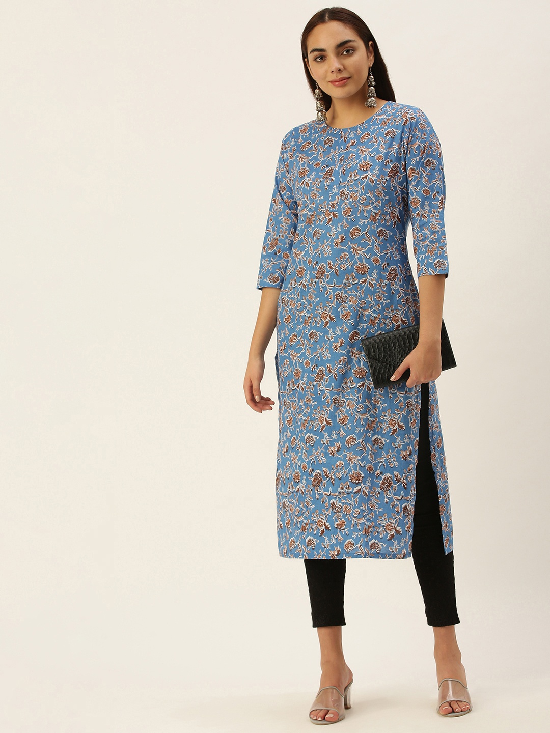 

Saanjh Women Blue & Brown Ethnic Motifs Printed Cotton Straight Kurta