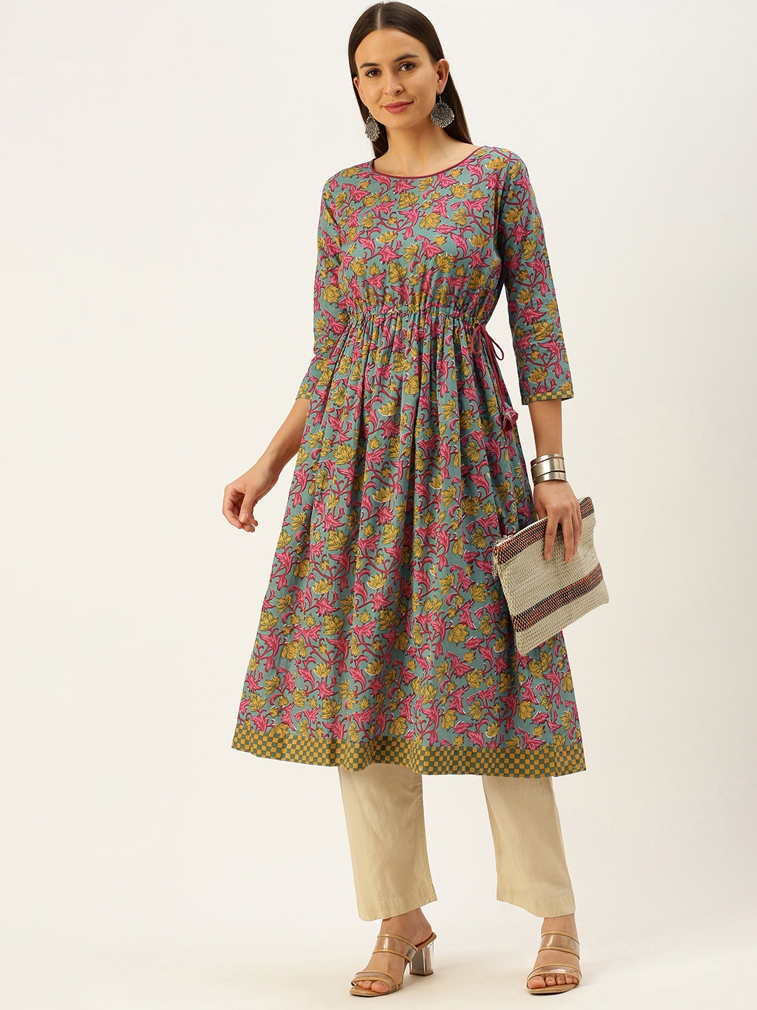 

Saanjh Women Green & Pink Ethnic Motifs Printed Cotton A-Line Kurta