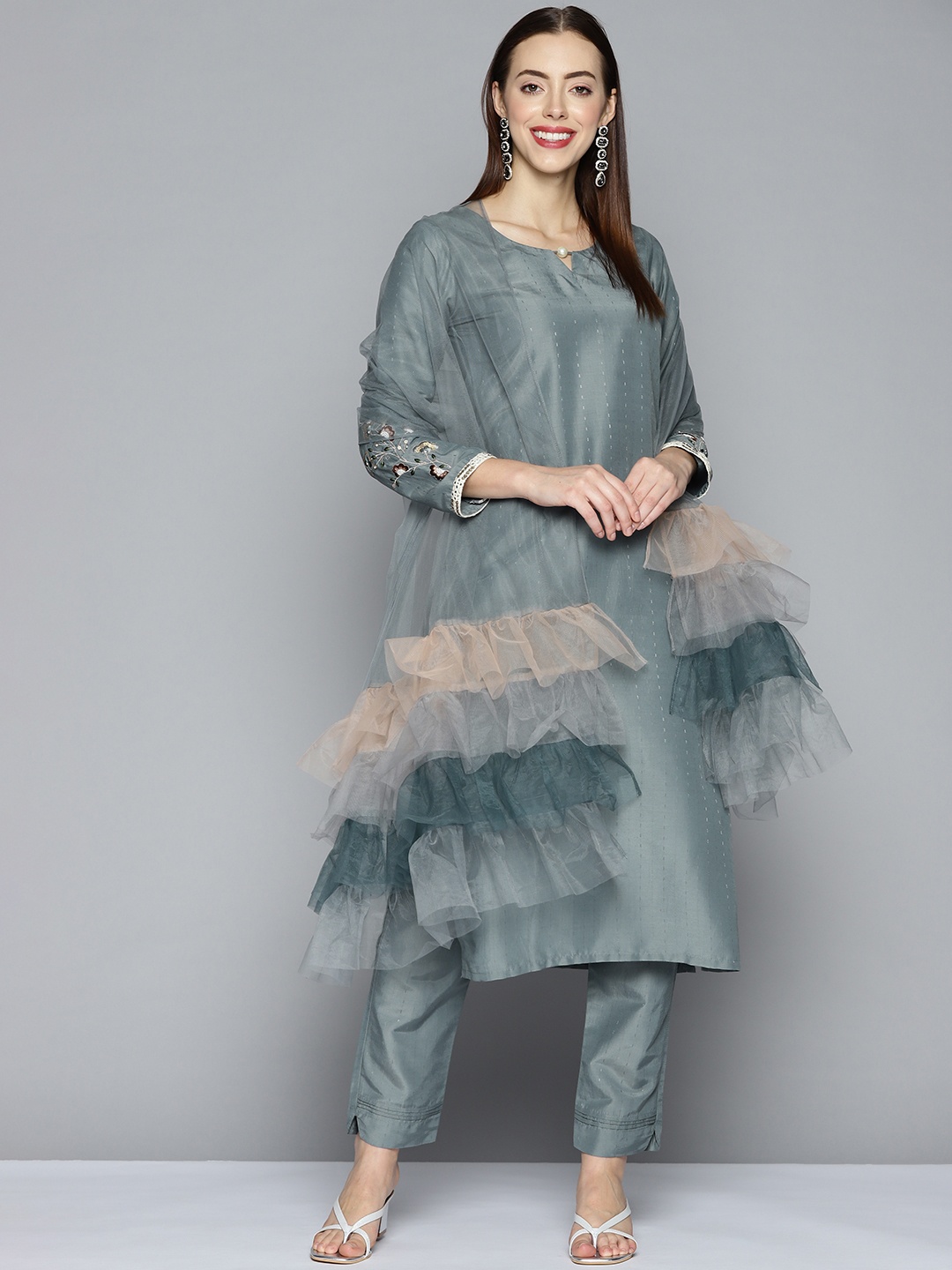 

Kvsfab Women Grey Sequinned Kurta with Trousers & With Dupatta