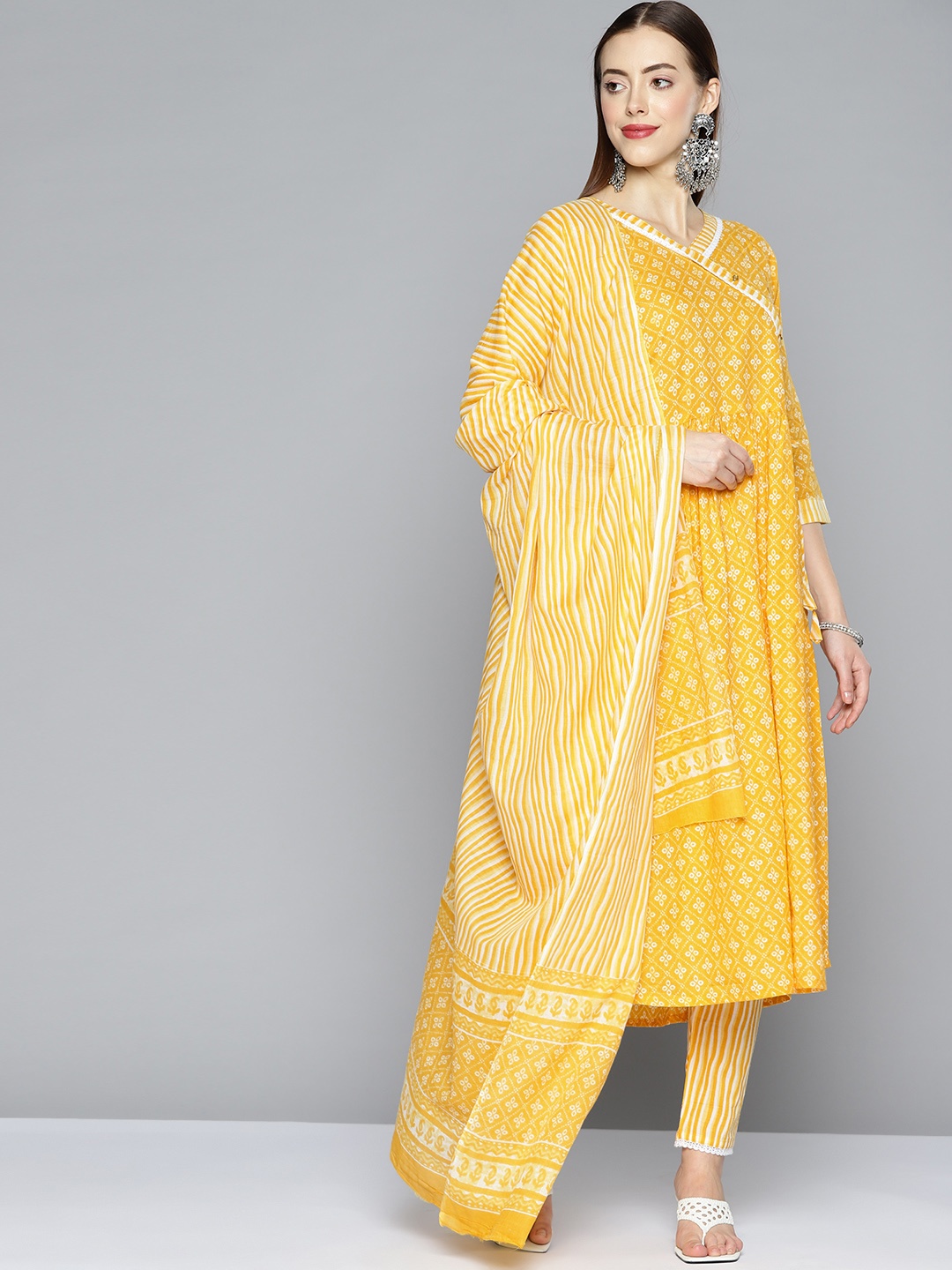 

Kvsfab Women Yellow Ethnic Motifs Printed Panelled Pure Cotton Kurta with Trousers & With Dupatta