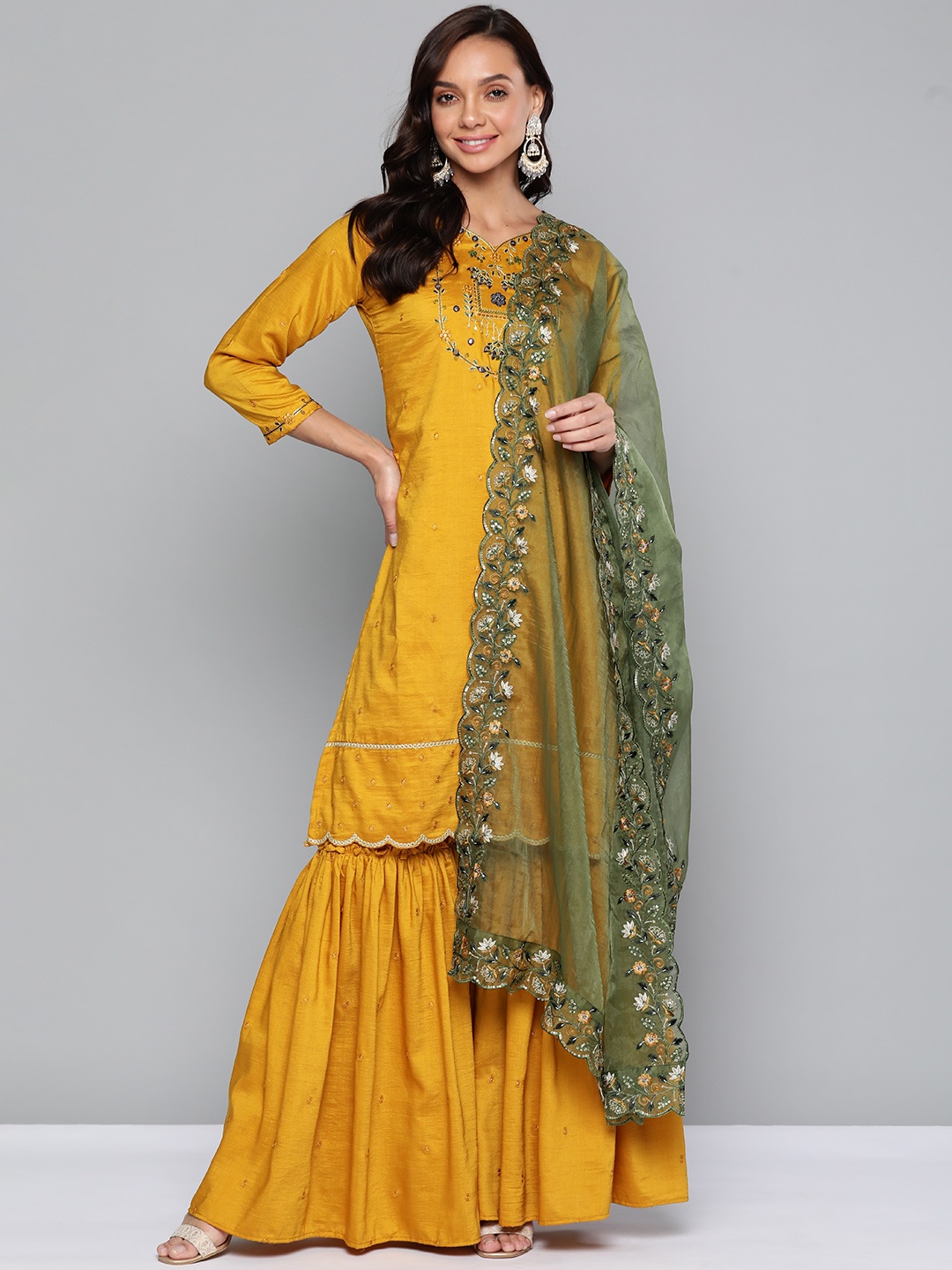 

Kvsfab Women Mustard Yellow Embroidered Sequinned Kurta with Sharara & Dupatta