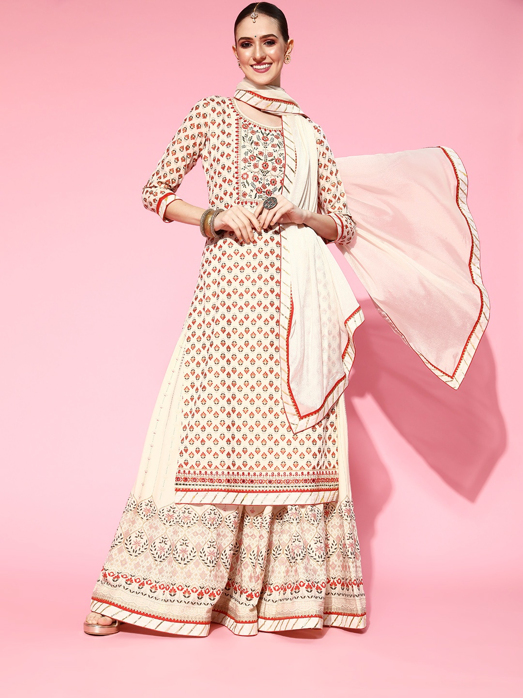 Kvsfab Women Floral Viscose Rayon Ethereal Embroidery Kurta Set, Off white