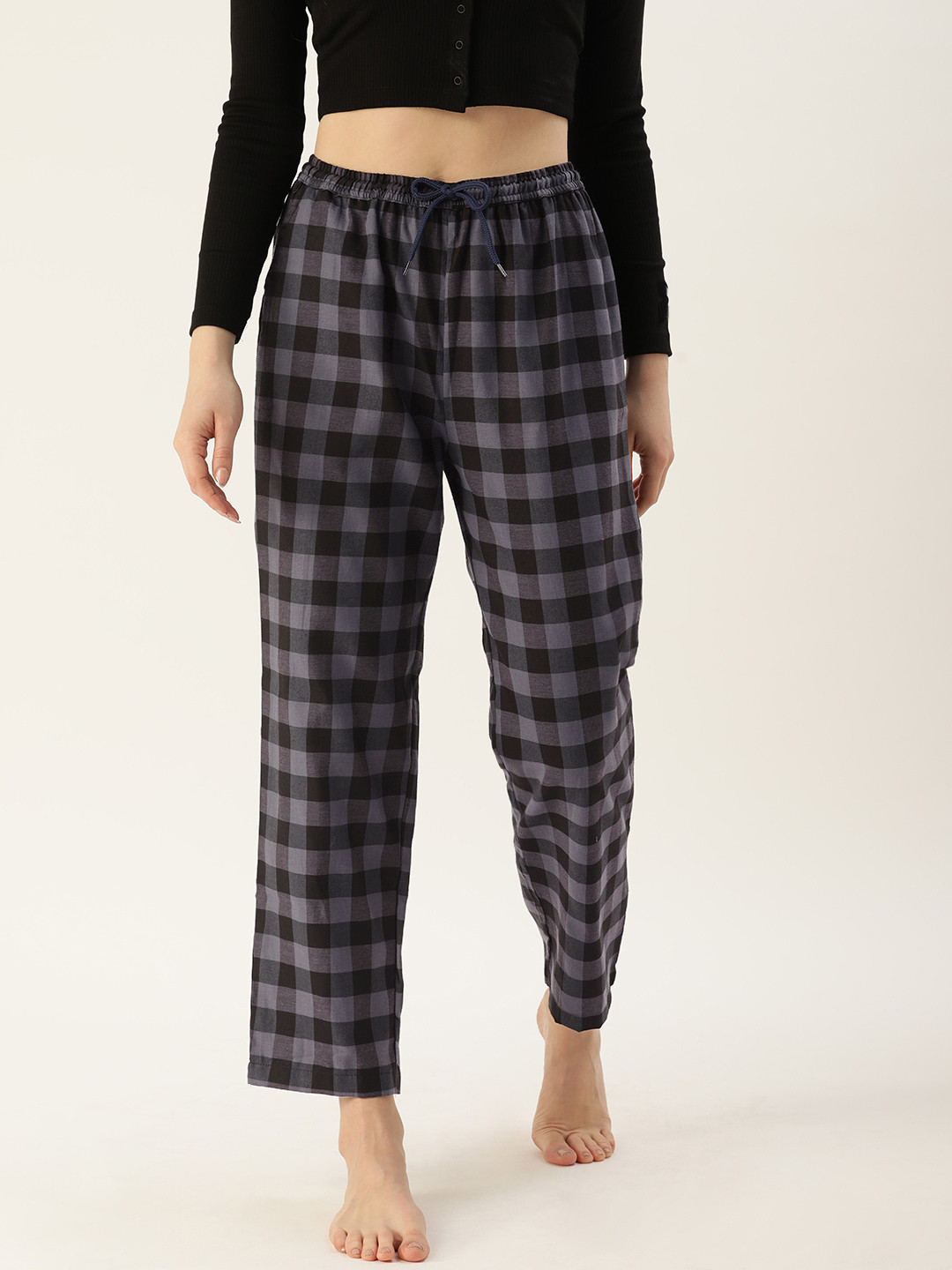 

Kryptic Women Pure Cotton Relaxed Fit Checked Lounge Pants, Charcoal