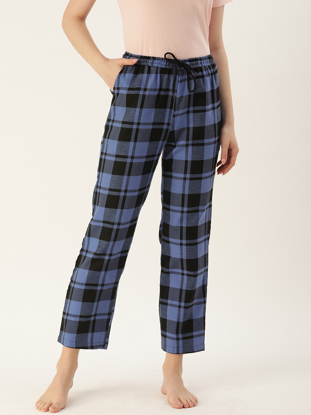 

Kryptic Women Blue & Black Checked Pure Cotton Lounge Pants