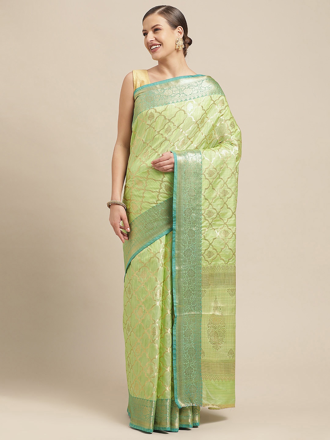 

Saree Swarg Green & Blue Ethnic Motifs Woven Design Silk Blend Banarasi Sarees