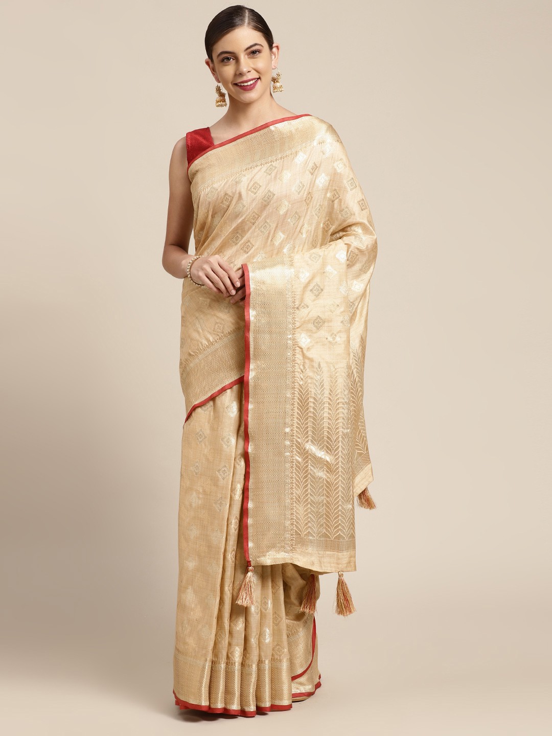 

Saree Swarg Beige & Gold-Toned Ethnic Motifs Woven Design Silk Blend Banarasi Sarees