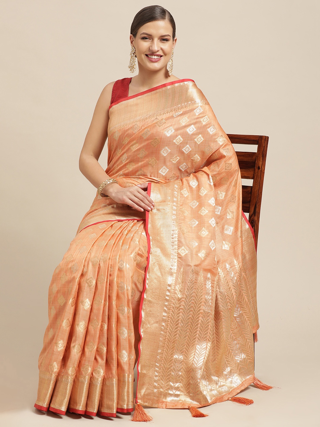 

Saree Swarg Peach-Coloured & Red Ethnic Motifs Woven Design Silk Blend Banarasi Sarees