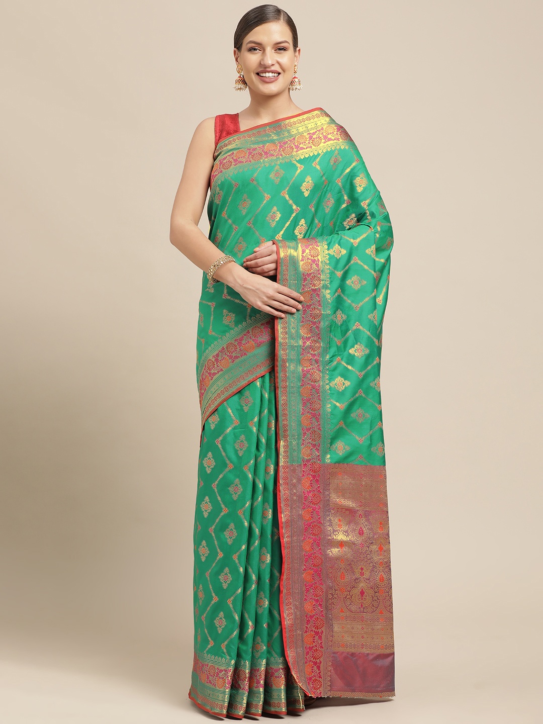 

Saree Swarg Green & Red Ethnic Motifs Zari Silk Blend Banarasi Sarees