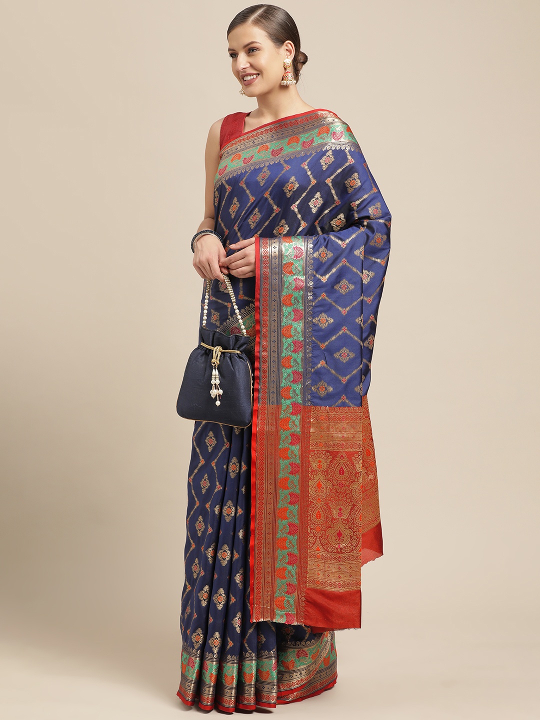

Saree Swarg Navy Blue & Red Ethnic Motifs Zari Silk Blend Banarasi Sarees