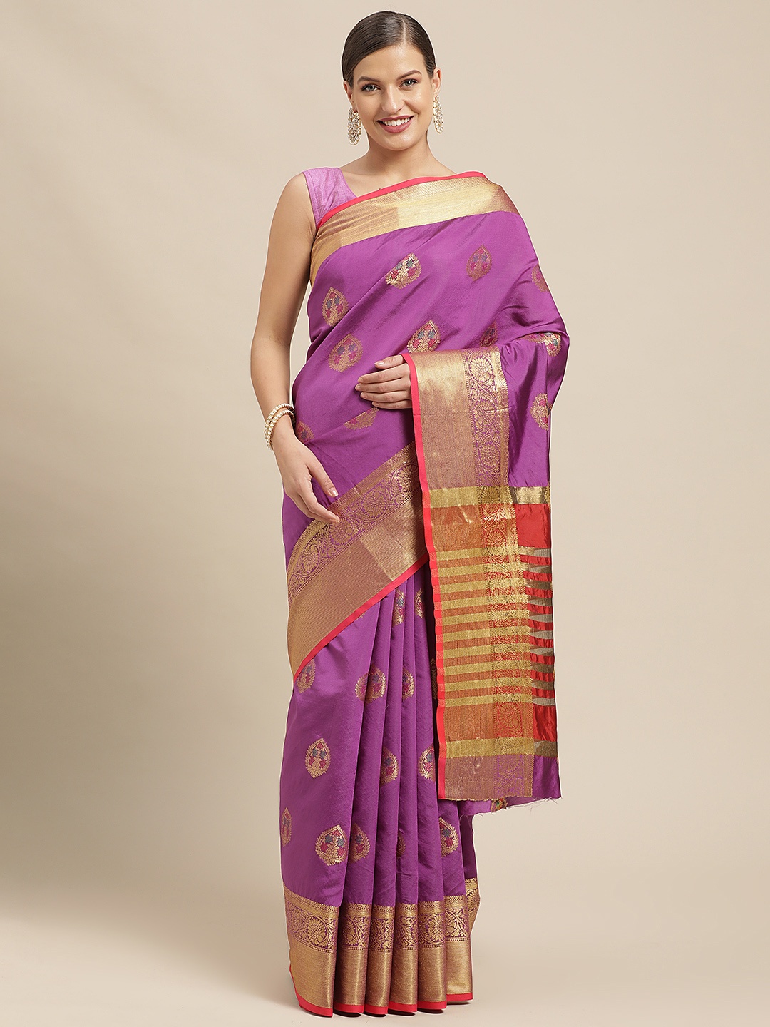 

Saree Swarg Purple & Gold-Toned Ethnic Motifs Woven Design Silk Blend Banarasi Sarees