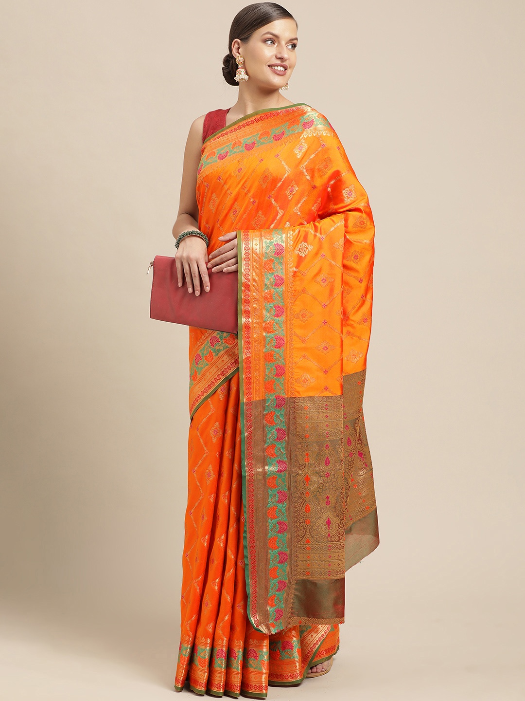 

Saree Swarg Orange Ethnic Motifs Zari Silk Blend Banarasi Sarees