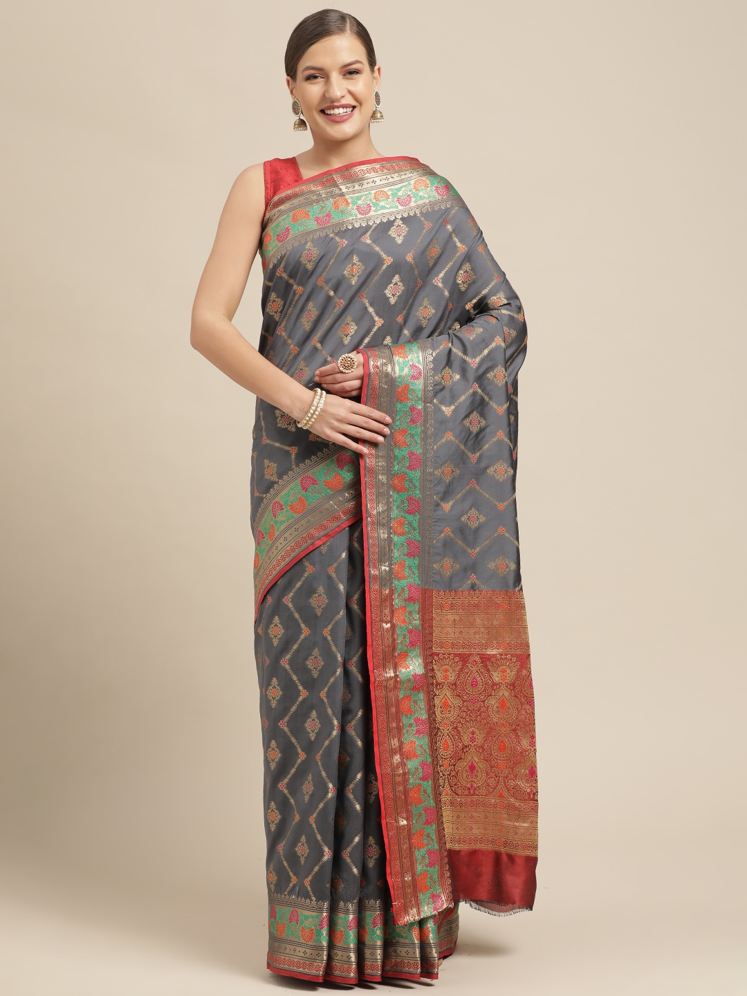 

Saree Swarg Grey & Red Ethnic Motifs Zari Silk Blend Banarasi Sarees