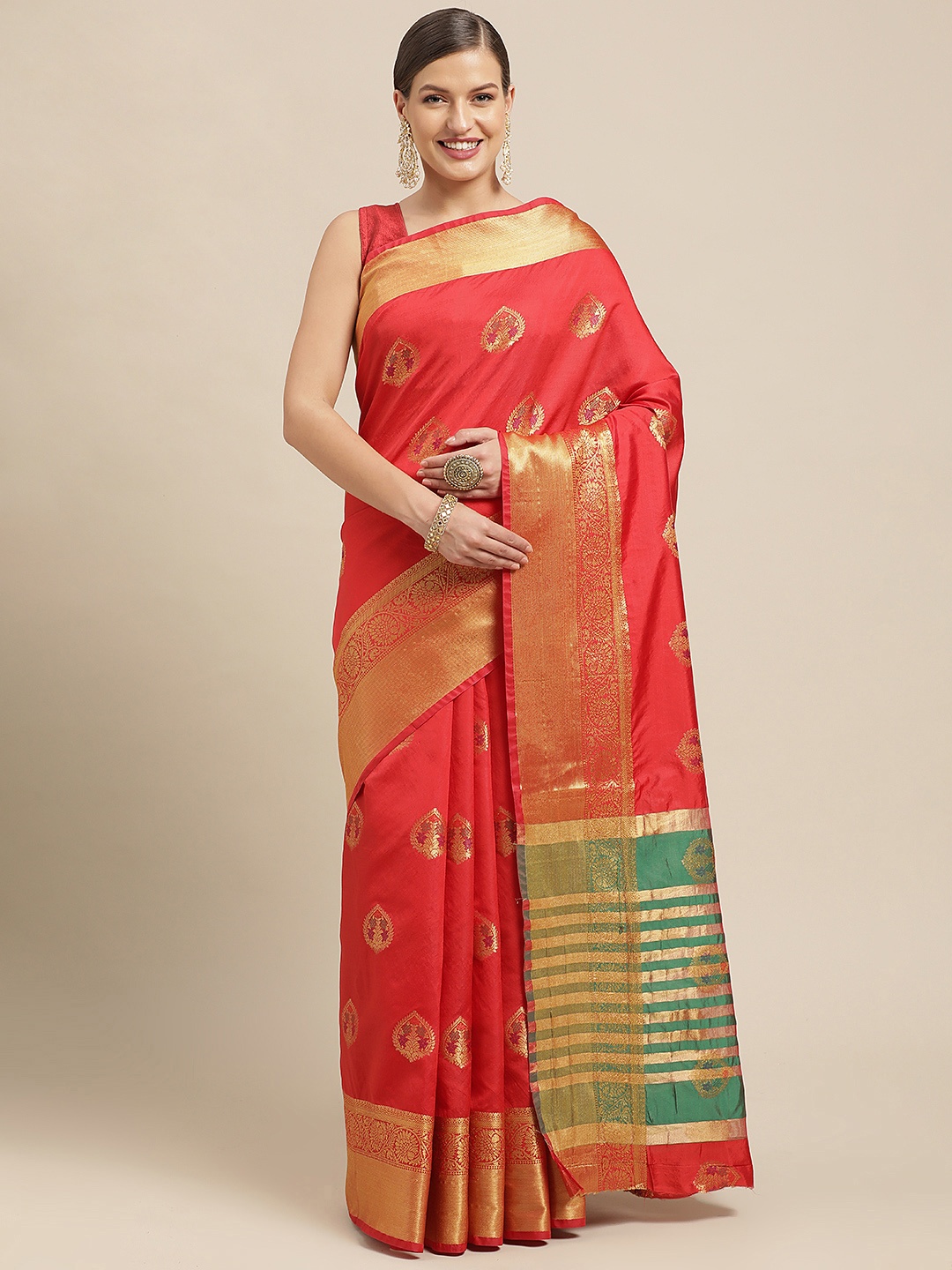 

Saree Swarg Red & Gold-Toned Ethnic Motifs Woven Design Silk Blend Banarasi Sarees