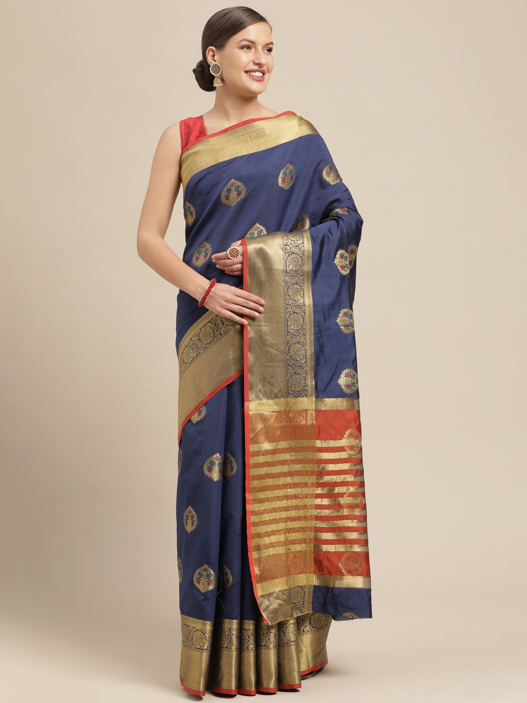 

Saree Swarg Navy Blue & Red Ethnic Motifs Zari Silk Blend Banarasi Sarees