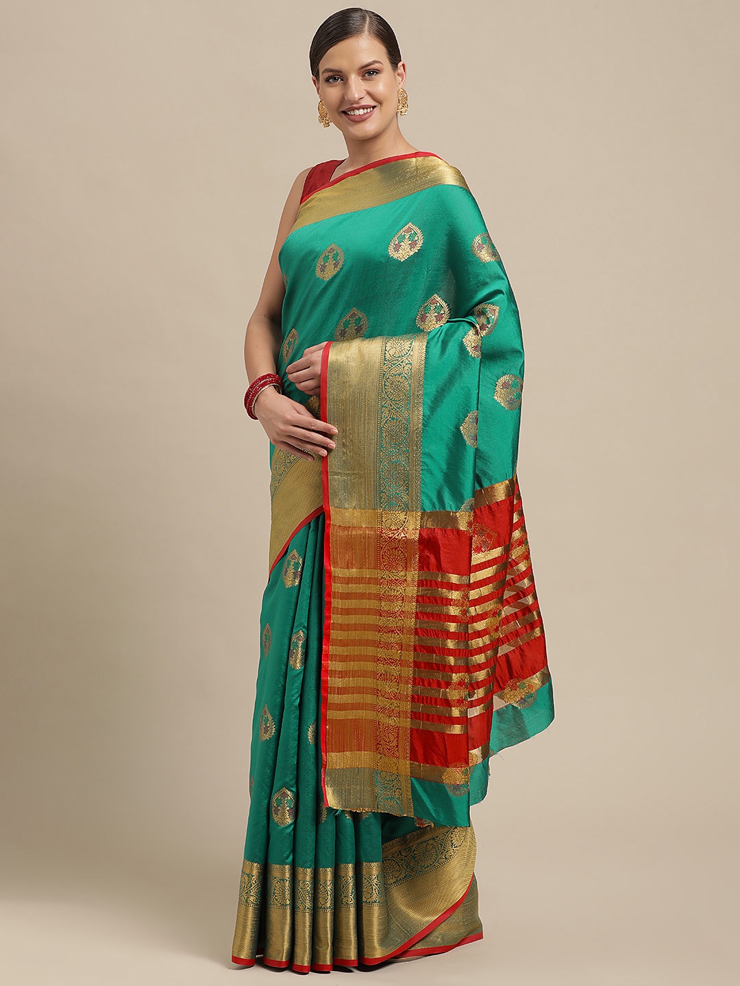 

Saree Swarg Green & Red Ethnic Motifs Woven Design Silk Blend Banarasi Sarees