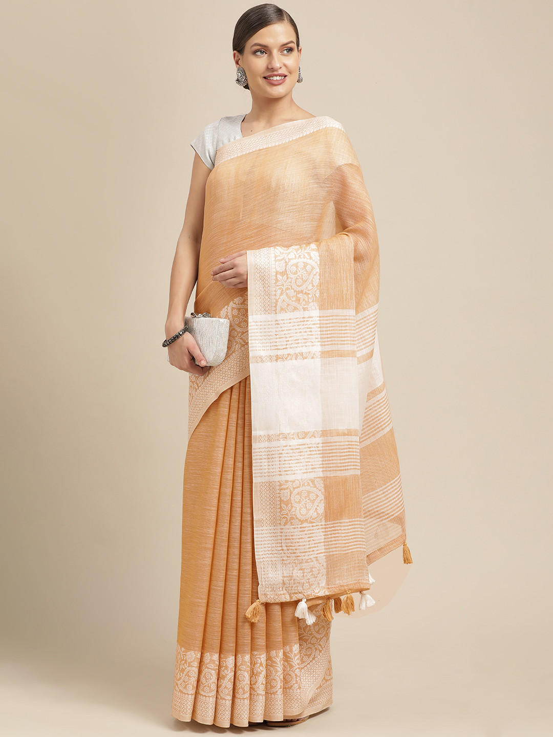 

Saree Swarg Beige Zari Linen Blend Banarasi Sarees