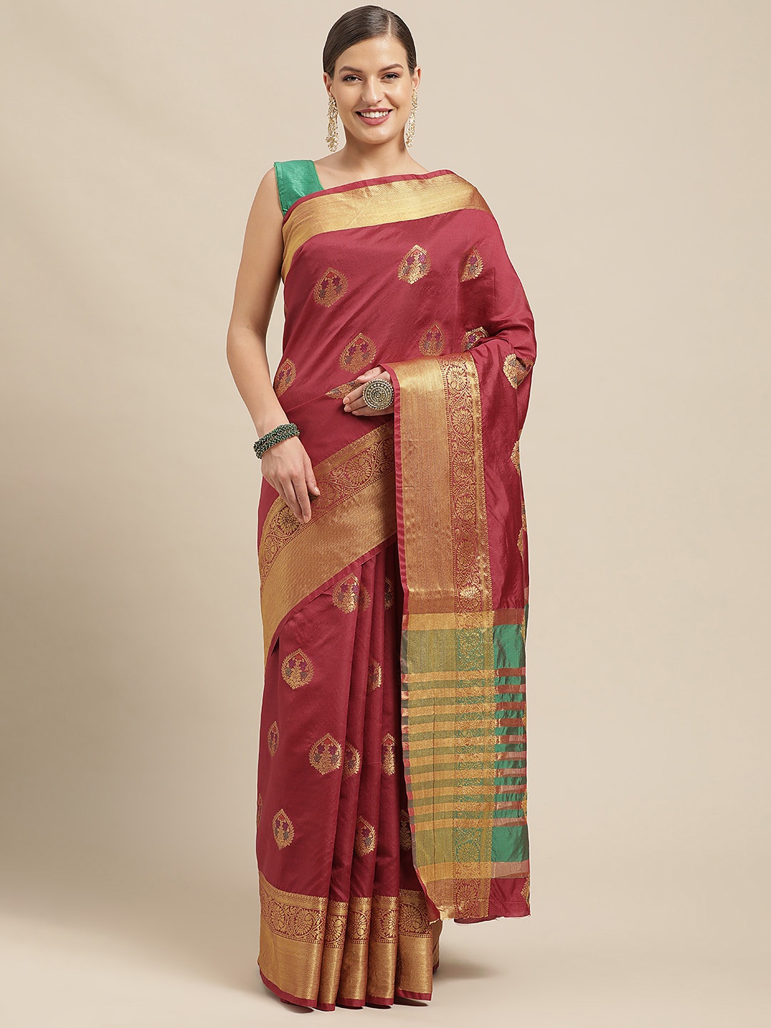 

Saree Swarg Burgundy & Gold-Toned Ethnic Motifs Woven Design Silk Blend Banarasi Sarees