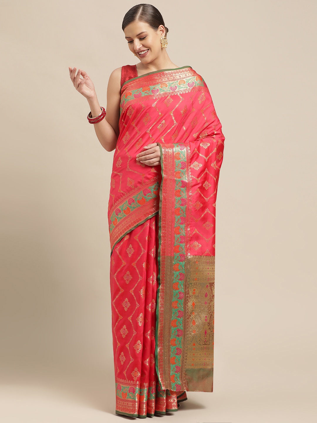 

Saree Swarg Pink & Turquoise Blue Ethnic Motifs Woven Design Silk Blend Banarasi Sarees