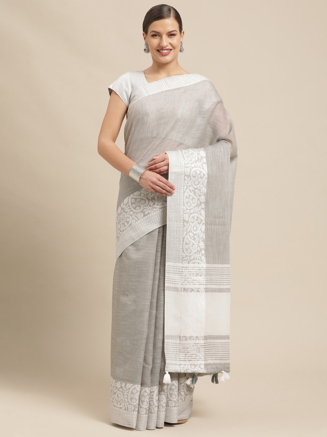

Saree Swarg Grey & White Floral Woven Design Linen Blend Banarasi Sarees
