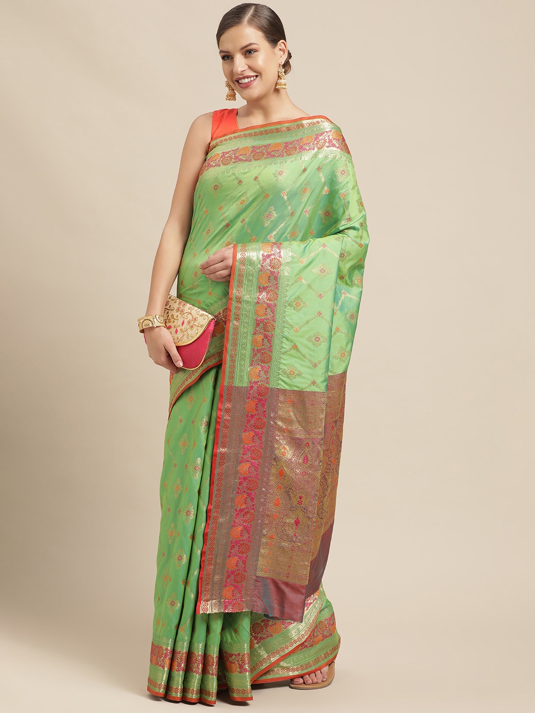 

Saree Swarg Green & Gold-Toned Ethnic Motifs Woven Design Silk Blend Banarasi Sarees