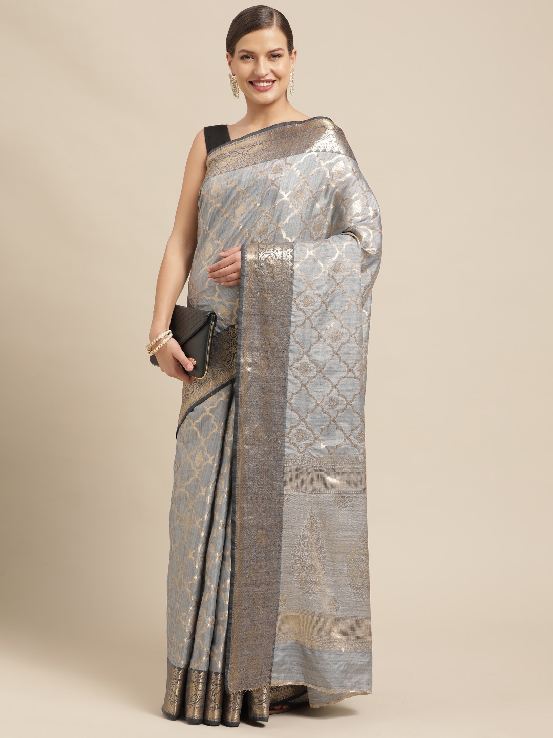 

Saree Swarg Grey & Gold-Toned Ethnic Motifs Woven Design Silk Blend Banarasi Sarees