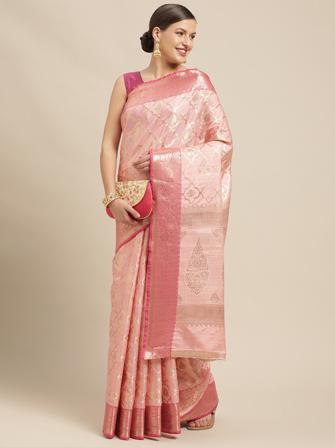 

Saree Swarg Pink & Gold-Toned Ethnic Motifs Woven Design Silk Blend Banarasi Sarees