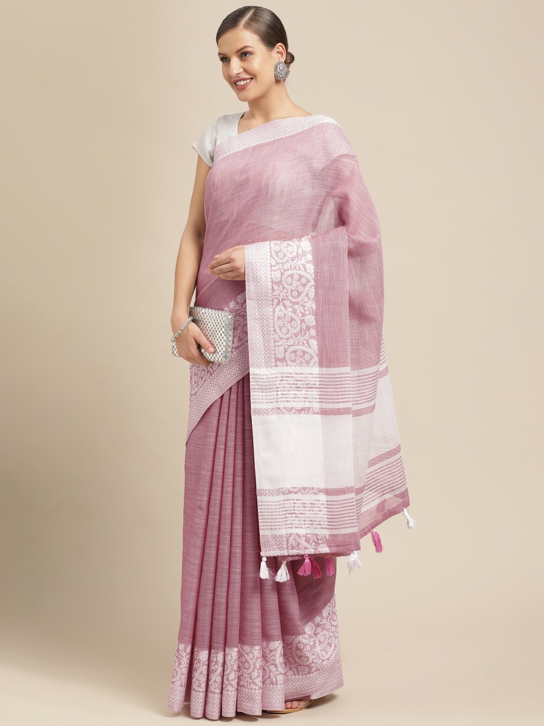 

Saree Swarg Pink Zari Linen Blend Banarasi Sarees
