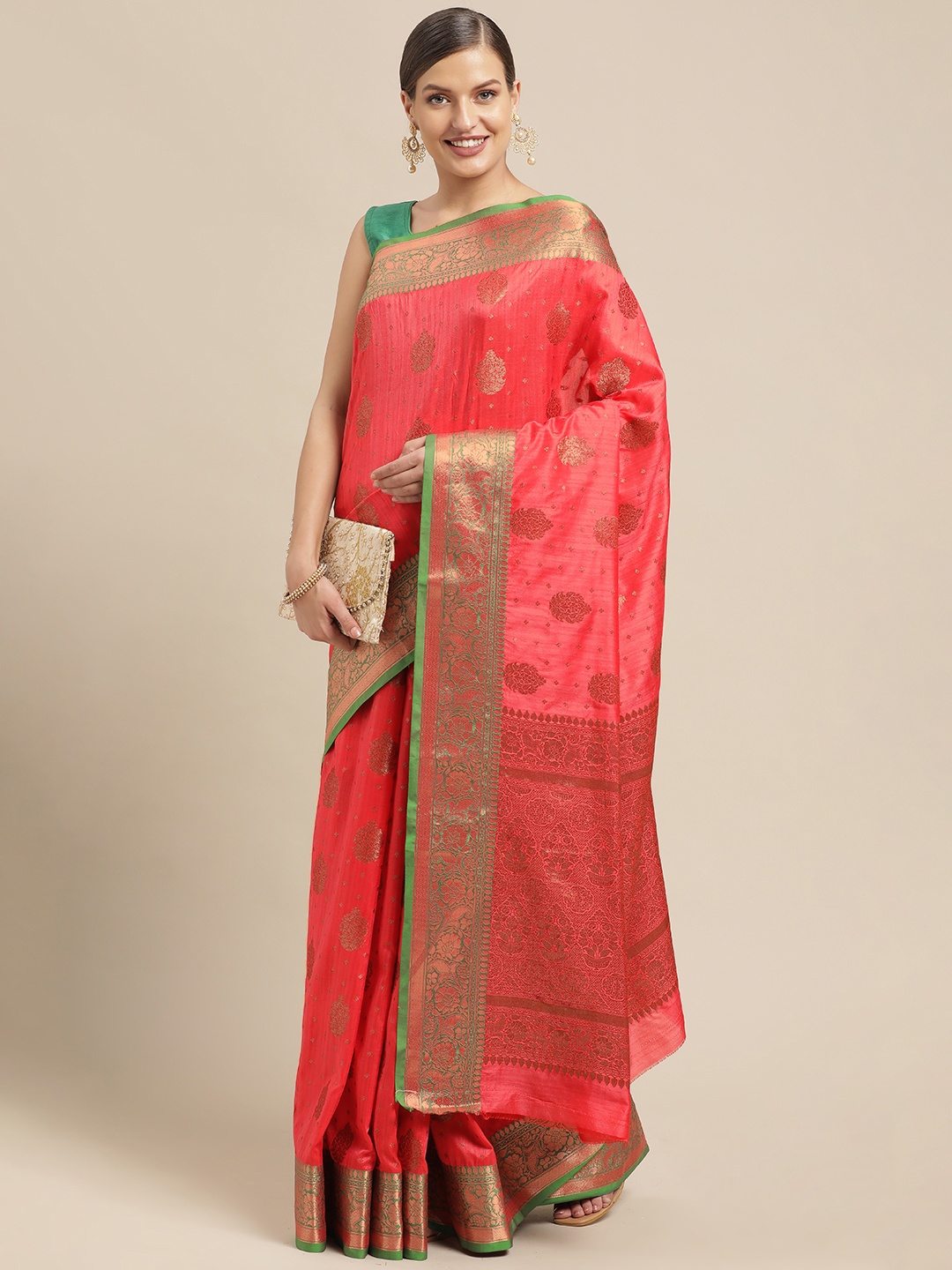 

Saree Swarg Coral Ethnic Motifs Zari Silk Blend Banarasi Sarees