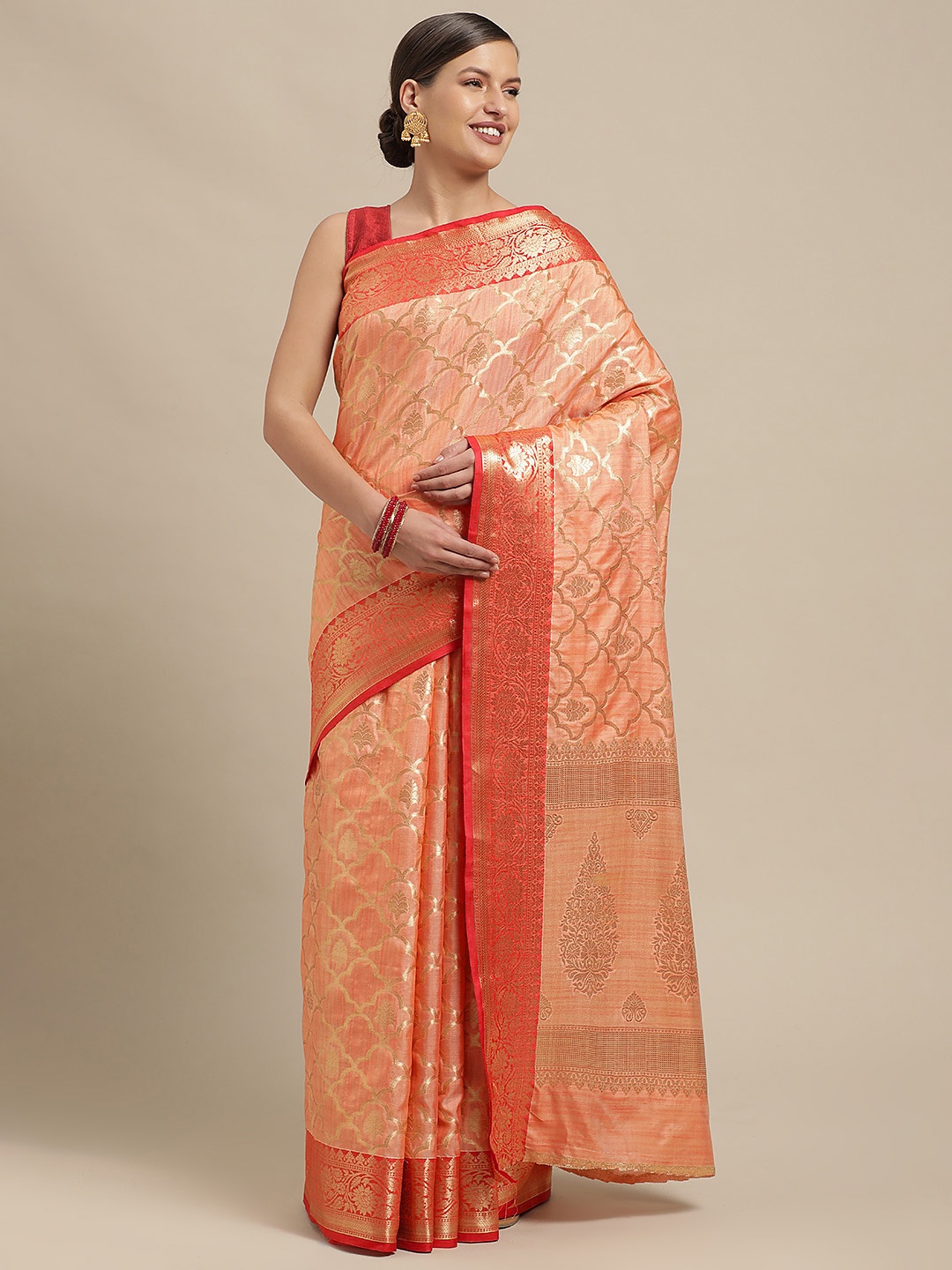 

Saree Swarg Peach-Coloured & Gold-Toned Floral Woven Design Silk Blend Banarasi Sarees