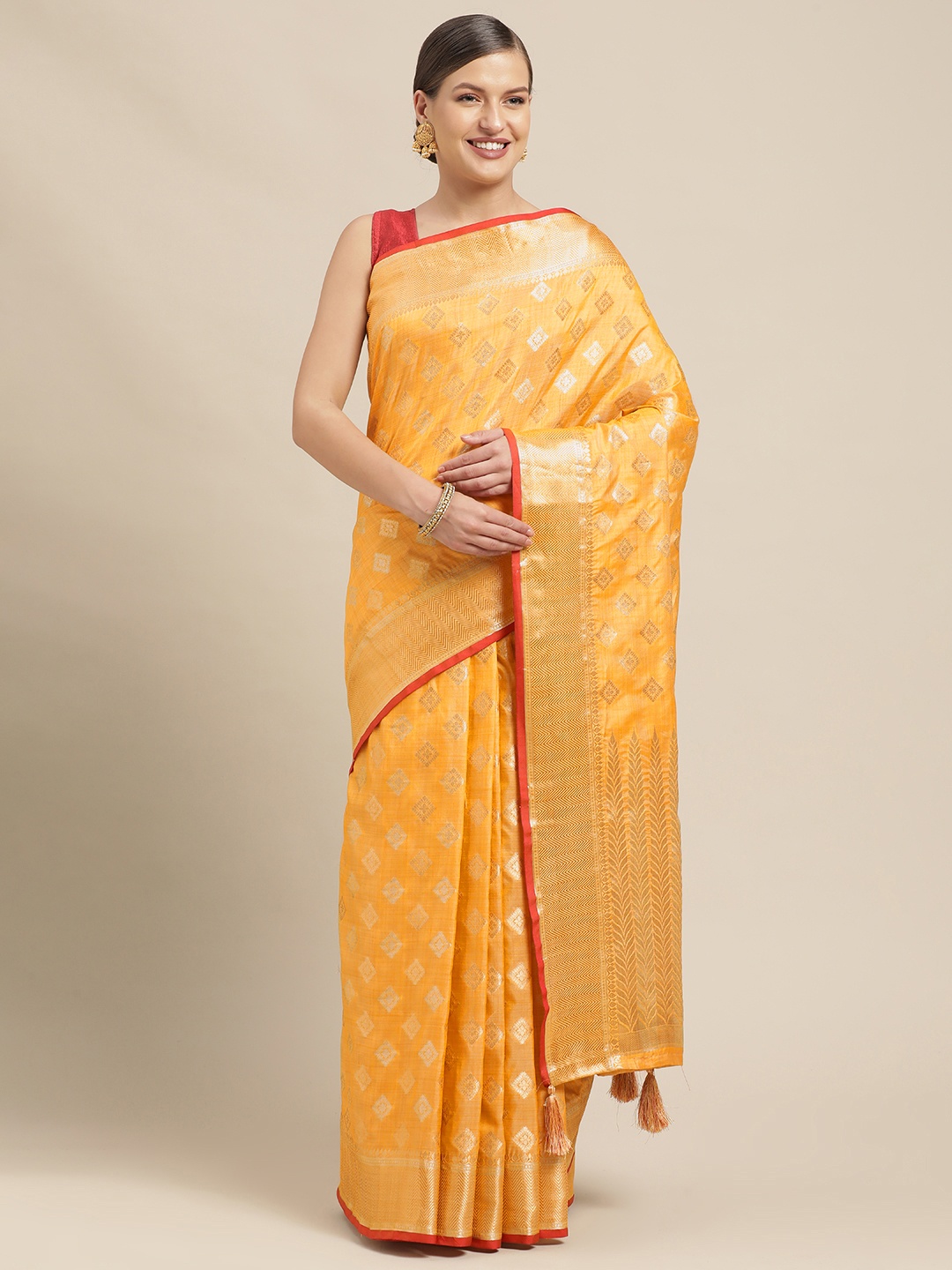 

Saree Swarg Mustard & Gold-Toned Ethnic Motifs Woven Design Silk Blend Banarasi Sarees