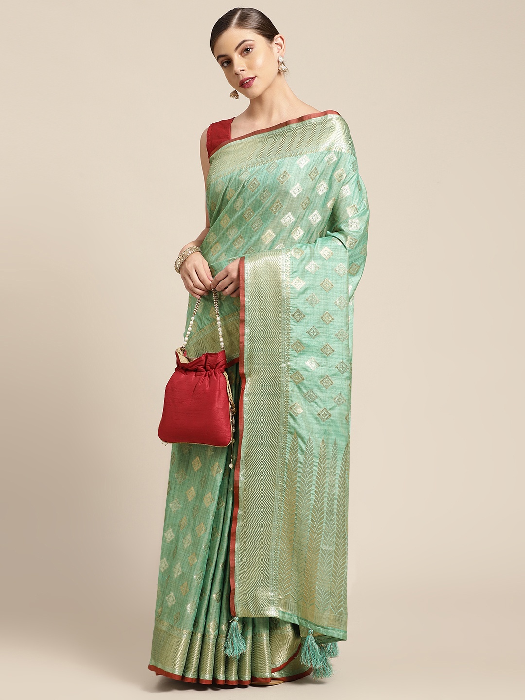 

Saree Swarg Green & Gold-Toned Ethnic Motifs Woven Design Silk Blend Banarasi Sarees