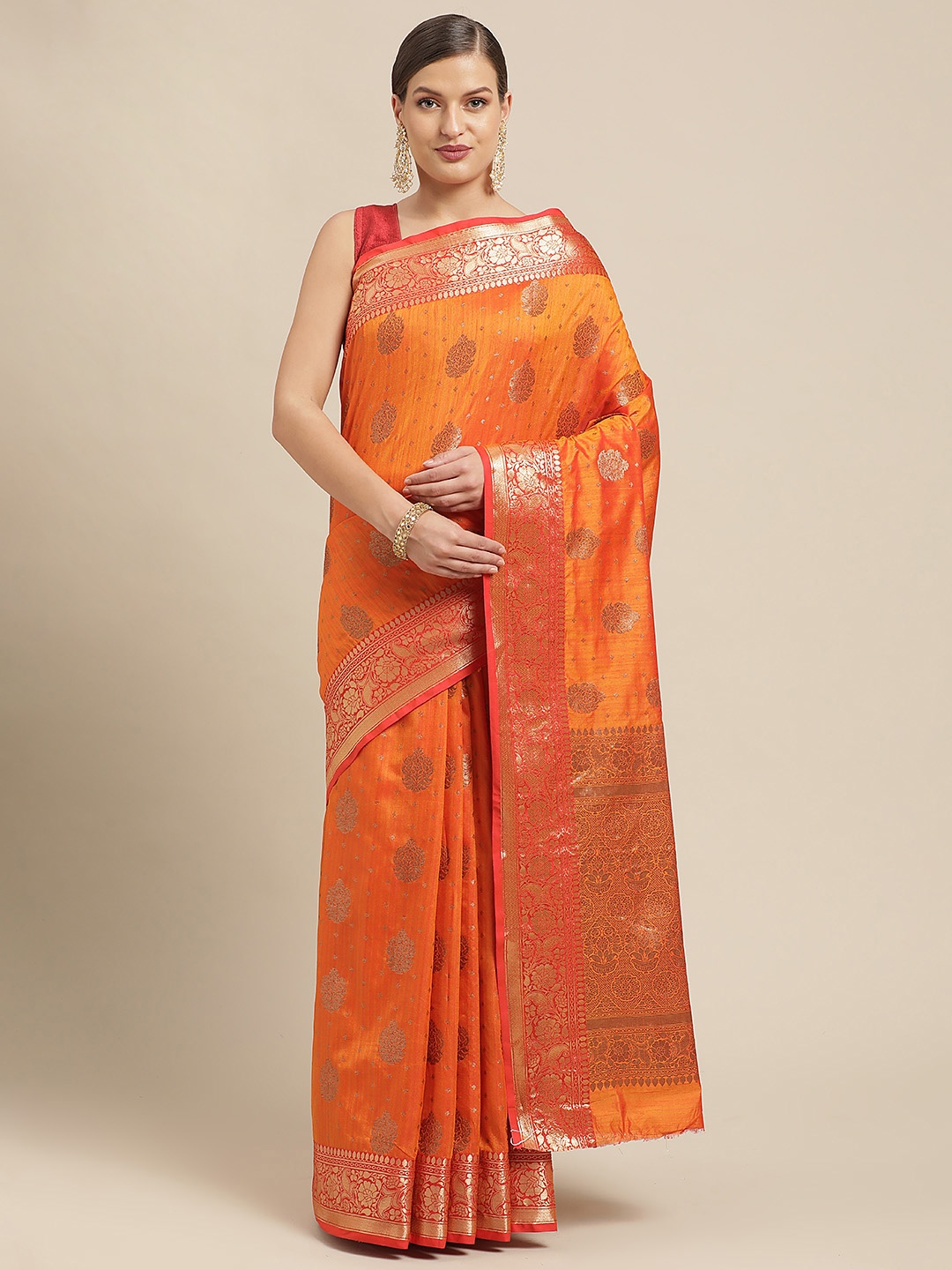 

Saree Swarg Orange & Gold-Toned Ethnic Motifs Woven Design Silk Blend Banarasi Sarees