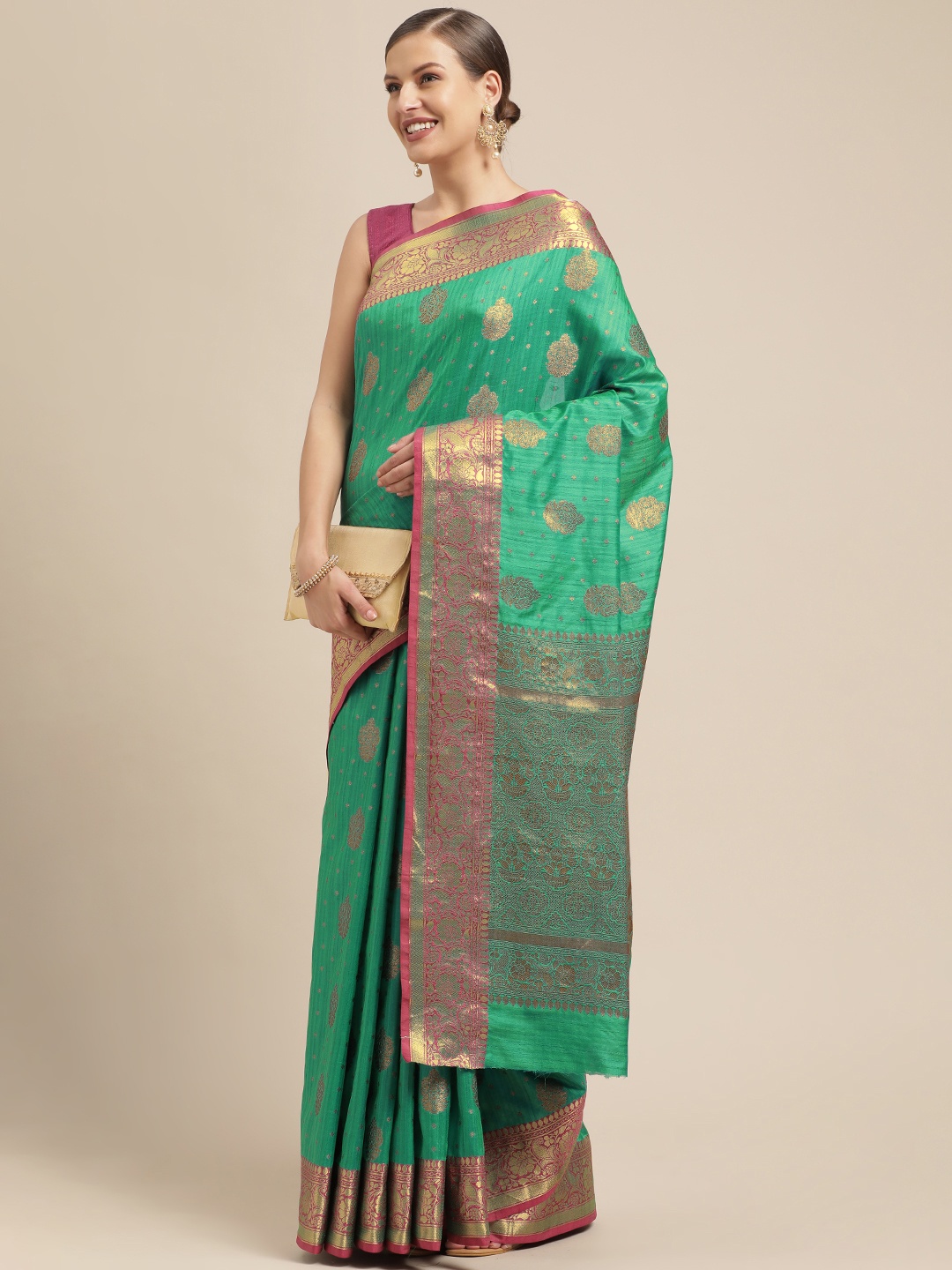 

Saree Swarg Green Ethnic Motifs Zari Silk Blend Banarasi Sarees