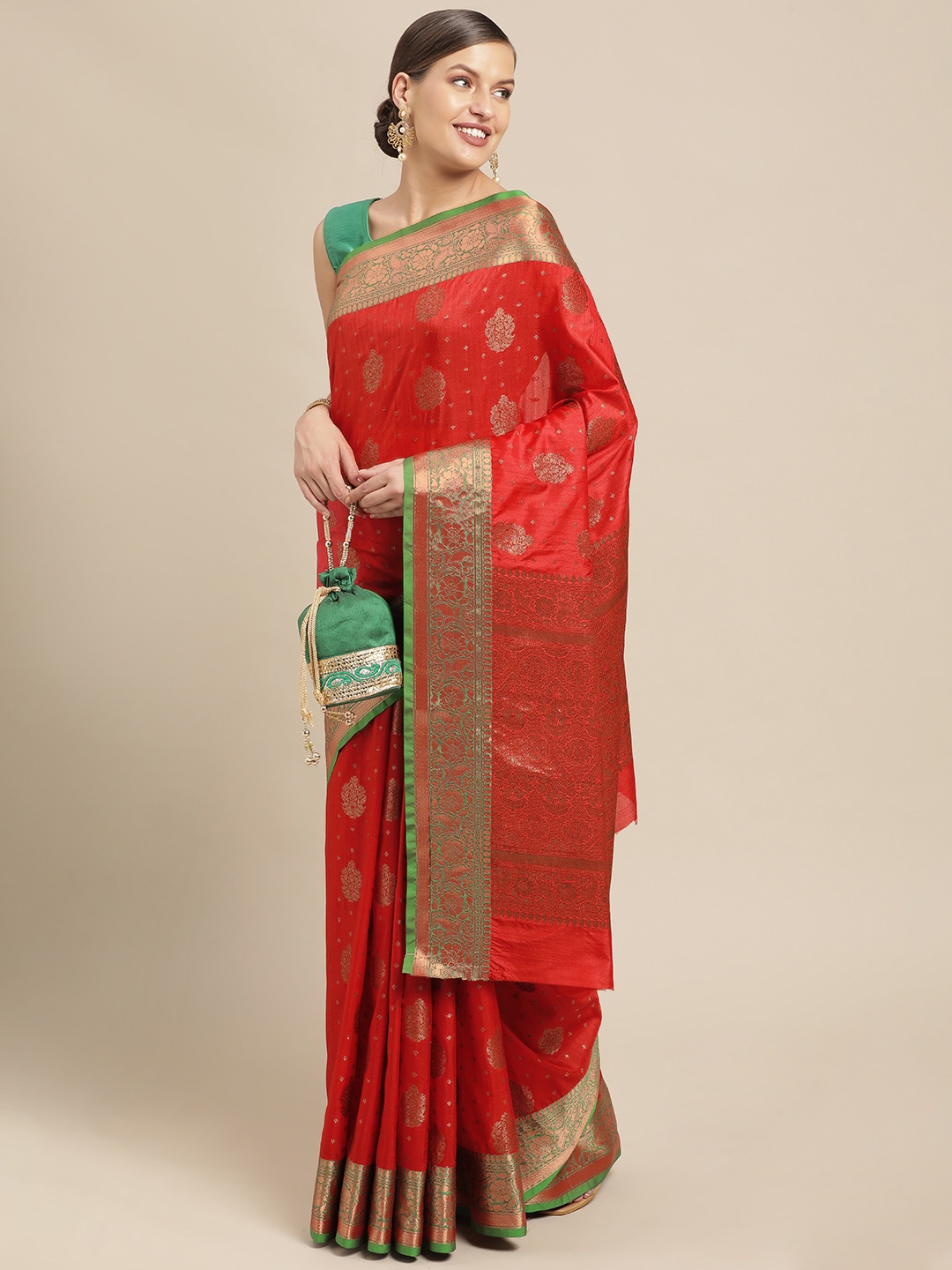 

Saree Swarg Red & Gold-Toned Ethnic Motifs Zari Silk Blend Banarasi Sarees