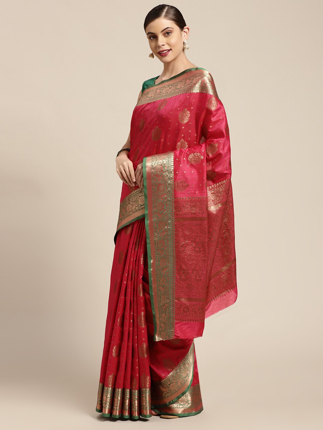 

Saree Swarg Magenta & Gold-Toned Ethnic Motifs Woven Design Silk Blend Banarasi Sarees