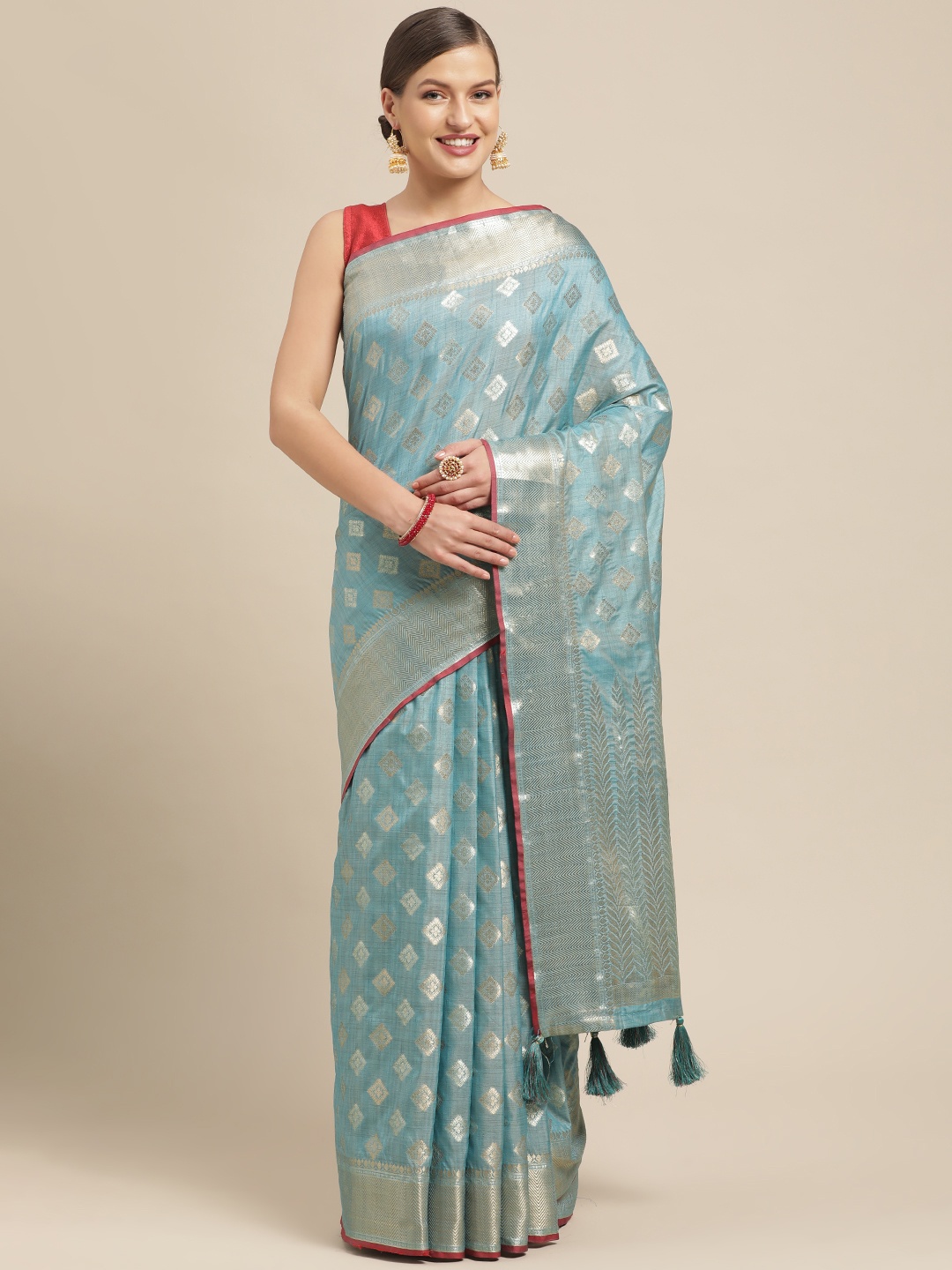

Saree Swarg Turquoise Blue Ethnic Motifs Zari Silk Blend Banarasi Sarees