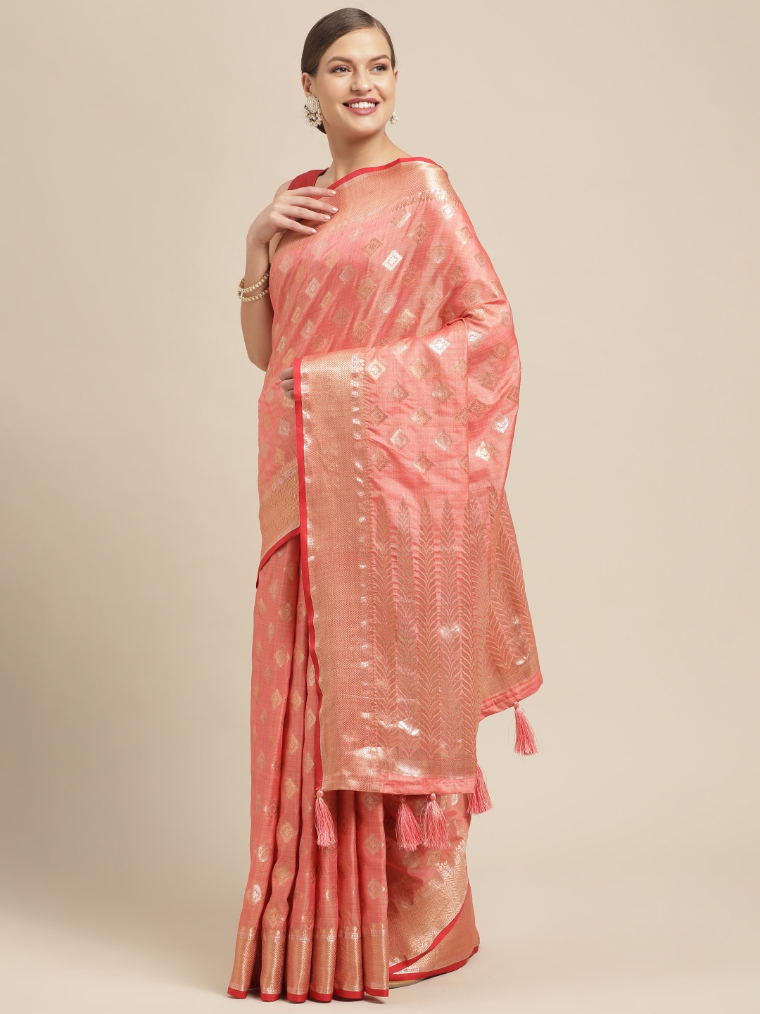 

Saree Swarg Pink & Gold-Toned Ethnic Motifs Zari Silk Blend Banarasi Sarees