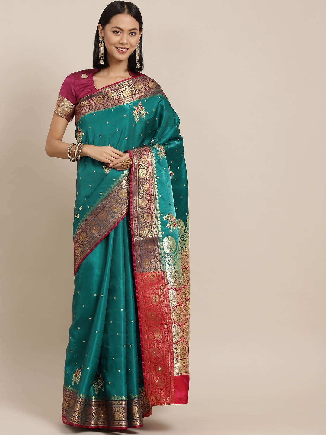 

Chhabra 555 Teal Green Woven Design Kanjeevaram Saree